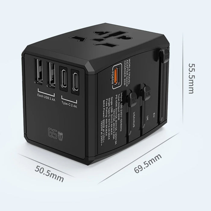 HHT905 PD 65W GaN Worldwide Travel Fast Charging Power Adapter Wall Charger Plug Converter - Black - 6