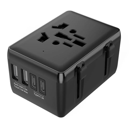 HHT203-A Worldwide Travel Power Adapter 2 Type-C + 2 USB Ports Wall Charger Plug Converter - Black - 1