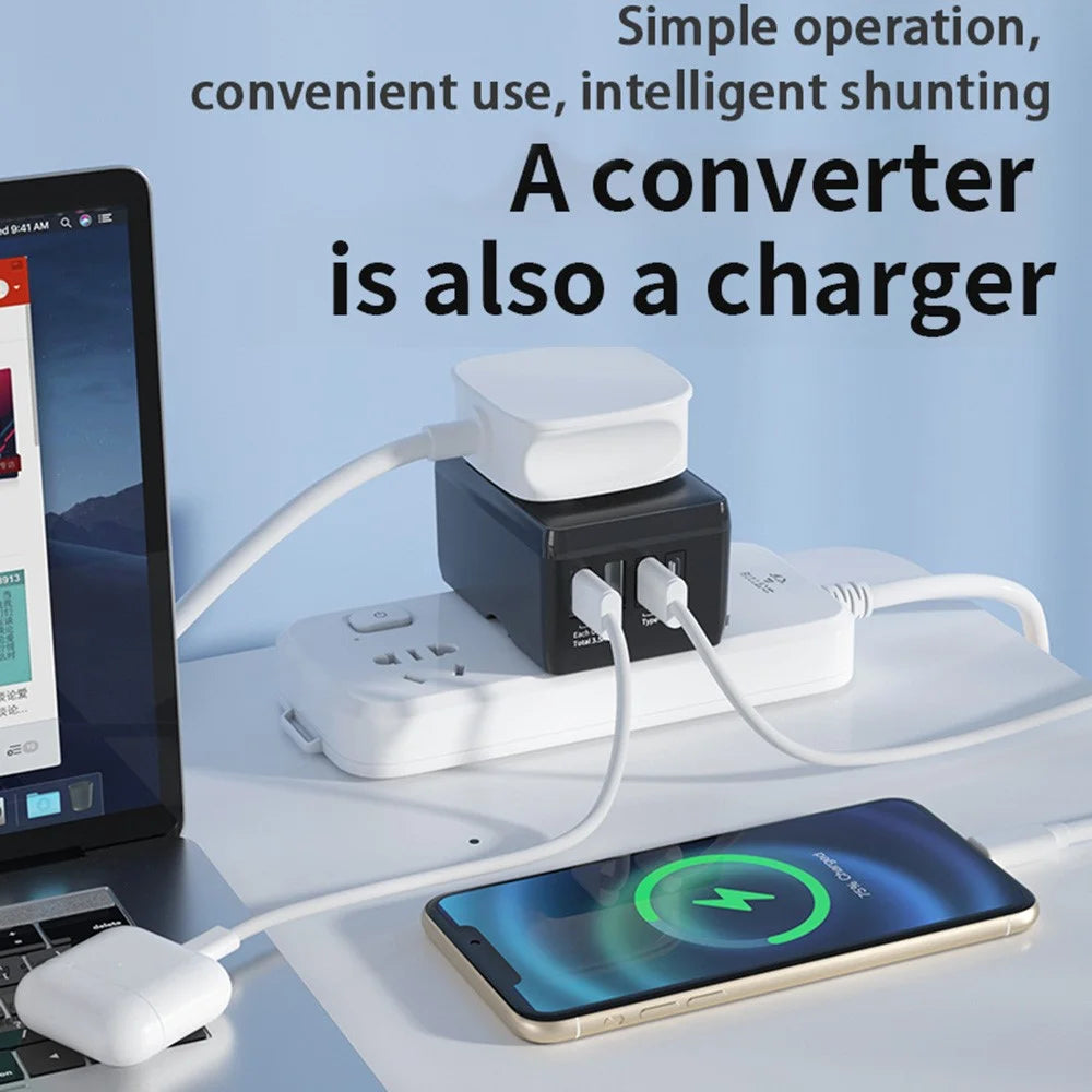 HHT203-A Worldwide Travel Power Adapter 2 Type-C + 2 USB Ports Wall Charger Plug Converter - Black - 4