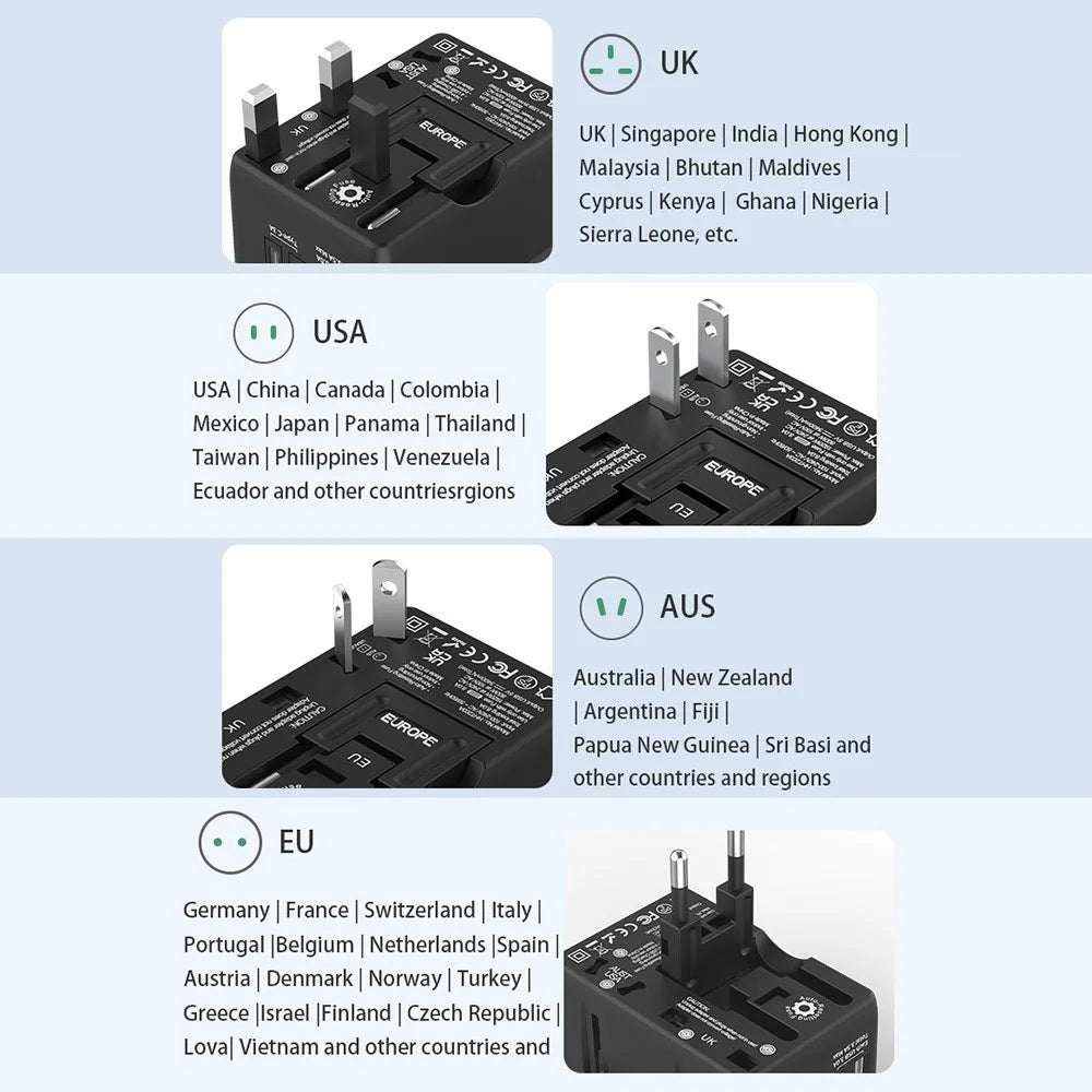 HHT203-A Worldwide Travel Power Adapter 2 Type-C + 2 USB Ports Wall Charger Plug Converter - Black - 7