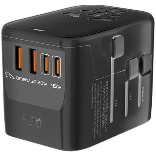 HHT906 PD 45W GaN Worldwide Travel Power Adapter 2xType-C + 2xUSB Charger Plug Converter - Black - 1