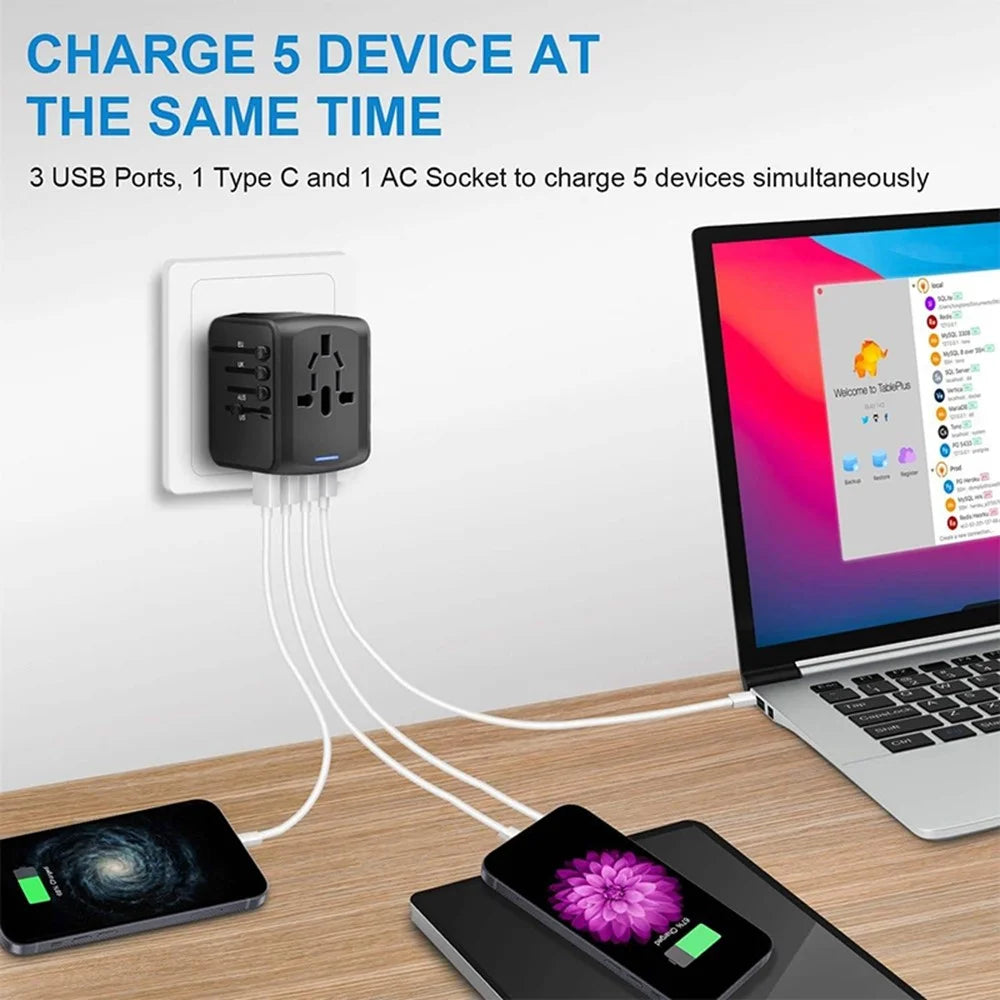 HHT906 PD 45W GaN Worldwide Travel Power Adapter 2xType-C + 2xUSB Charger Plug Converter - Black - 2