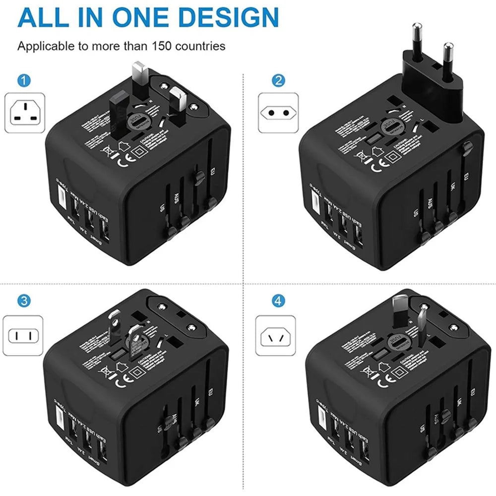 HHT906 PD 45W GaN Worldwide Travel Power Adapter 2xType-C + 2xUSB Charger Plug Converter - Black - 3