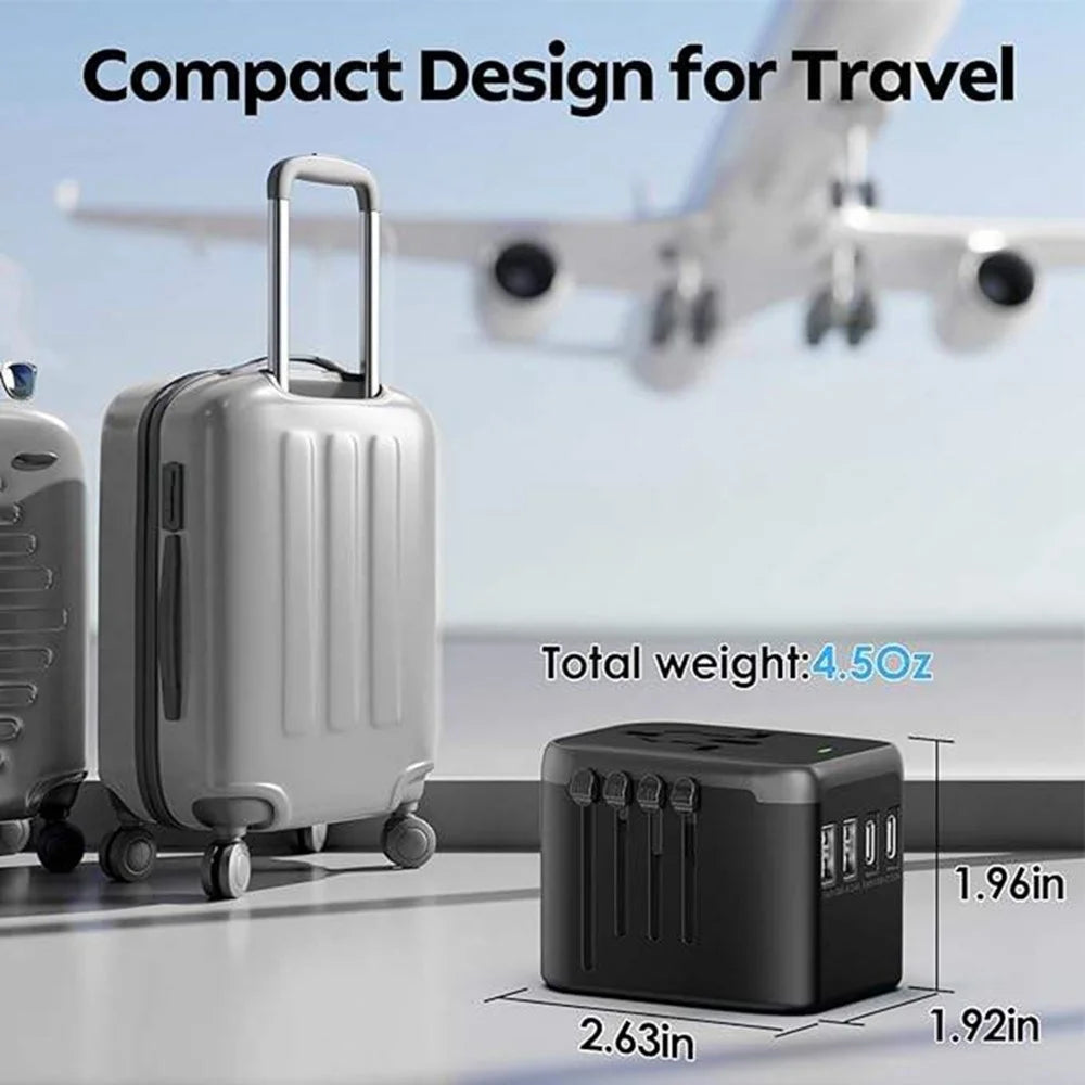 HHT906 PD 45W GaN Worldwide Travel Power Adapter 2xType-C + 2xUSB Charger Plug Converter - Black - 4
