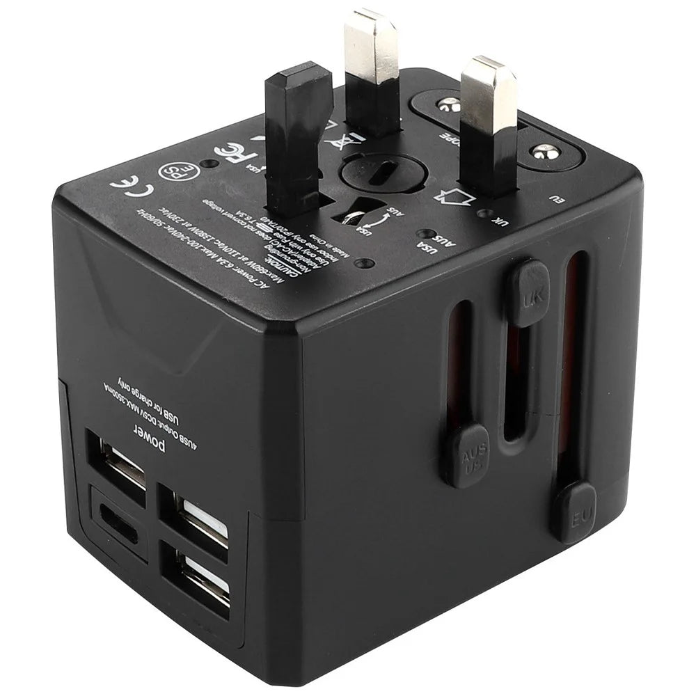 HHT520 Universal Global Travel Power Adapter Type-C + 3xUSB Charger Plug Converter - Black - 2
