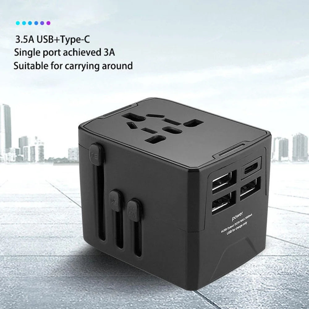 HHT520 Universal Global Travel Power Adapter Type-C + 3xUSB Charger Plug Converter - Black - 4