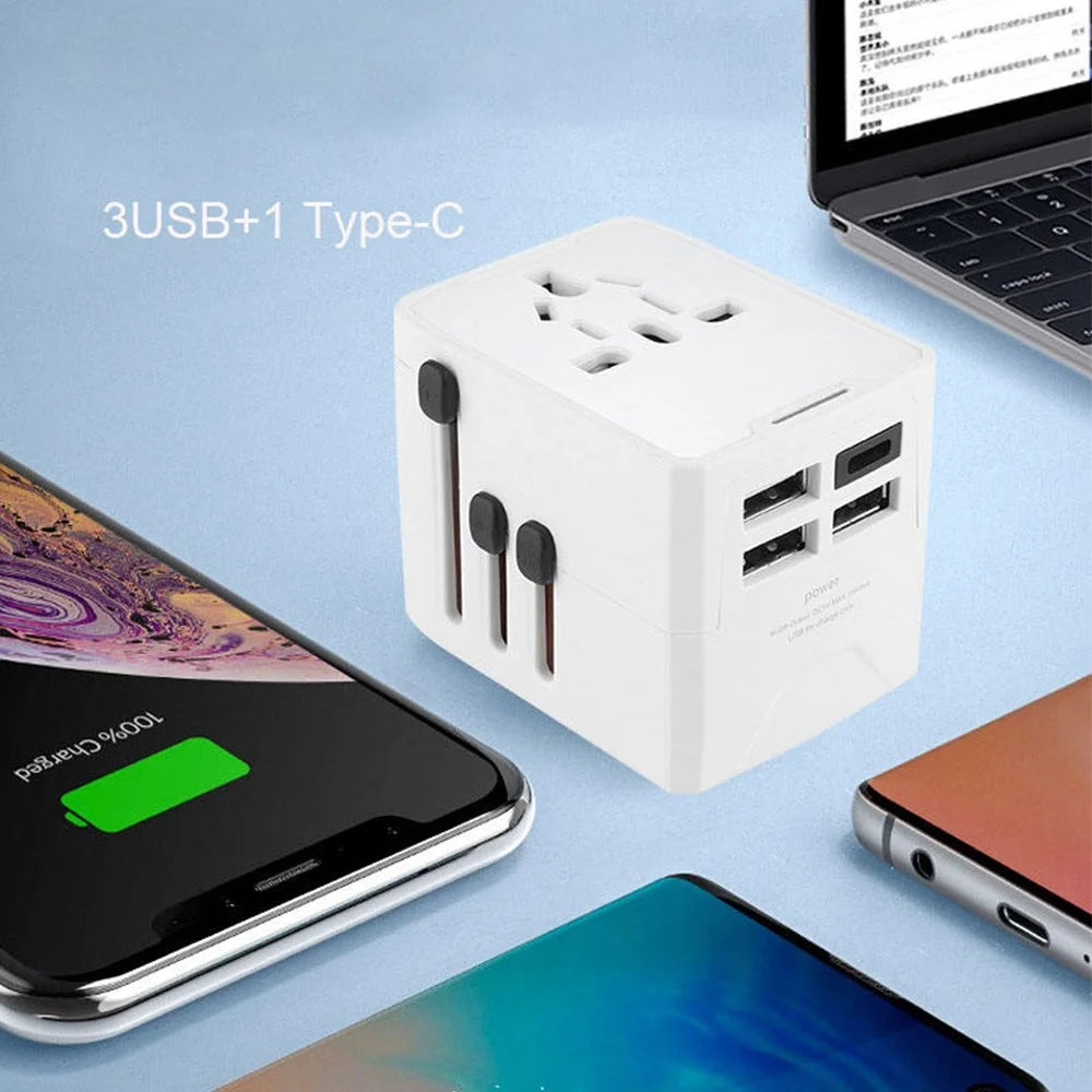 HHT520 Universal Global Travel Power Adapter Type-C + 3xUSB Charger Plug Converter - Black - 5