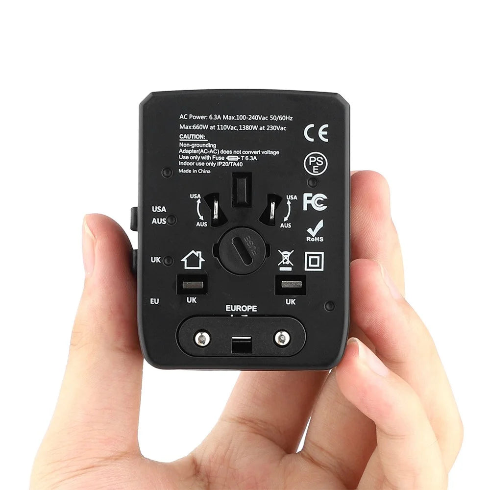 HHT520 Universal Global Travel Power Adapter Type-C + 3xUSB Charger Plug Converter - Black - 7