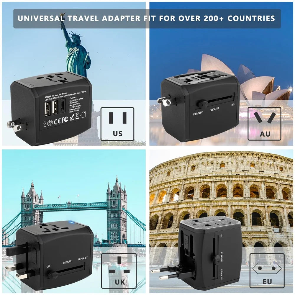 HHT525 Type-C + 2xUSB Universal Global Travel Power Adapter Charger Plug Converter - Black - 2