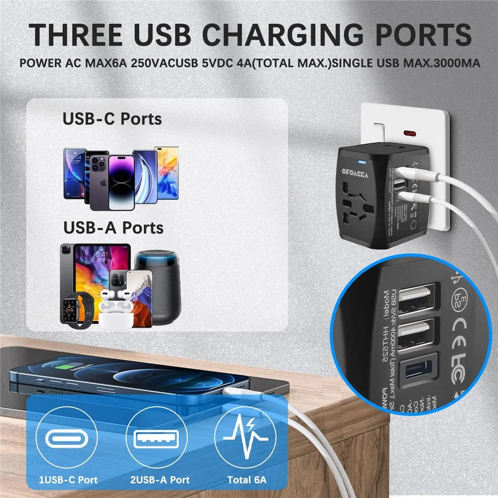 HHT525 Type-C + 2xUSB Universal Global Travel Power Adapter Charger Plug Converter - Black - 4
