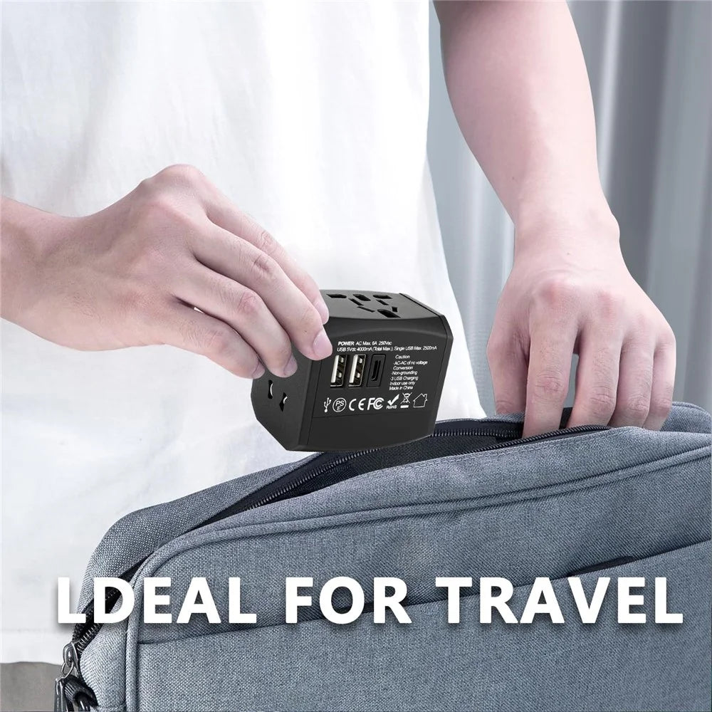 HHT525 Type-C + 2xUSB Universal Global Travel Power Adapter Charger Plug Converter - Black - 5