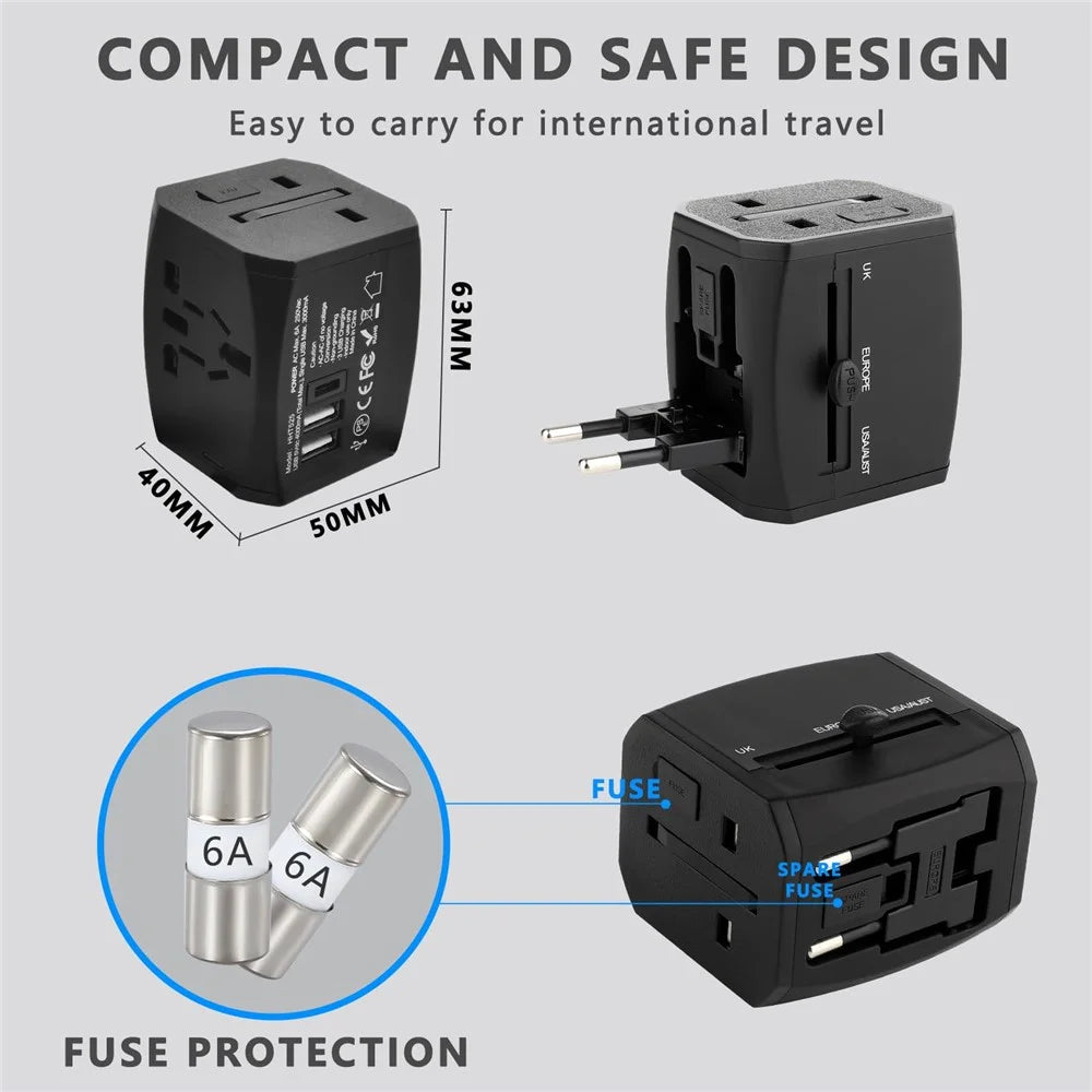 HHT525 Type-C + 2xUSB Universal Global Travel Power Adapter Charger Plug Converter - Black - 6