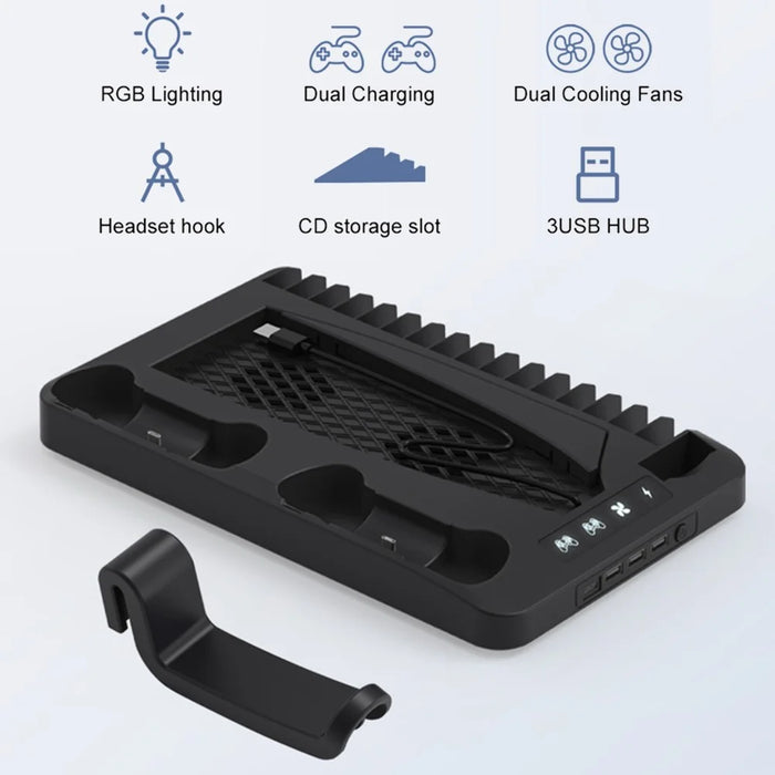 GAMINJA P58 For Sony PS5 Slim / Playstation 5 Game Console Cooling Stand Gamepad Charging Dock Headphone Holder - Black - 2