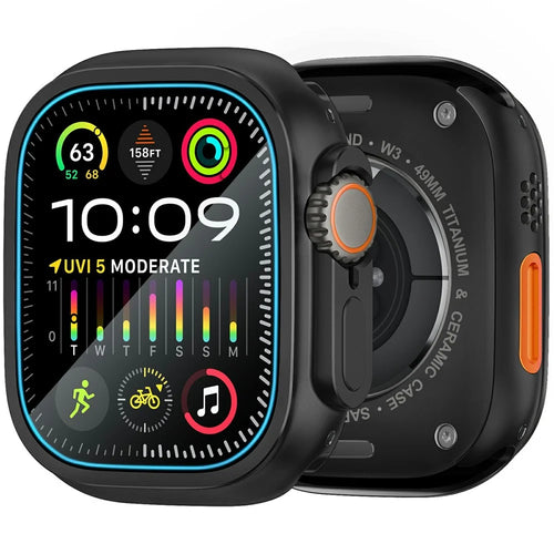 AMBAND W1 For Apple Watch Ultra 3 / Ultra 2 / Ultra 49mm Metal Watch Cover Protective Case with Tempered Glass Screen Film - Black - 1