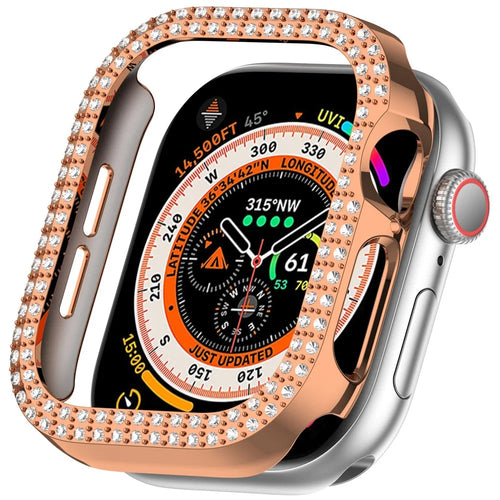 For Apple Watch Series 11 / 10 42mm Double Row Rhinestone Decor Hollow-Out Cover PC Watch Frame Case - Rose Gold - 1