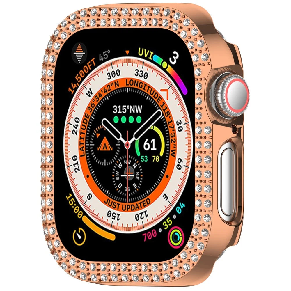 For Apple Watch Series 11 / 10 46mm Double Row Rhinestone Decor Hollow-Out Cover PC Watch Frame Case - Rose Gold - 5