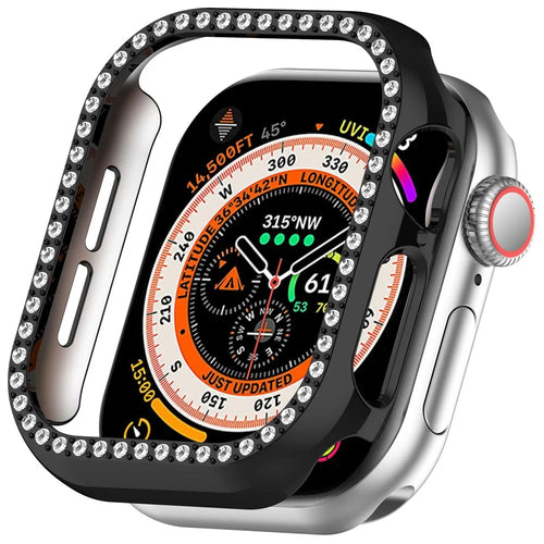 For Apple Watch Series 11 / 10 46mm Single Row Rhinestone Decor Hollow-Out Cover PC Watch Frame Case - Black - 1