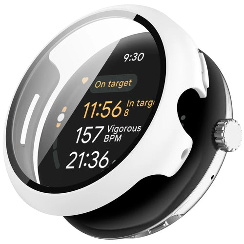 For Google Pixel Watch 3 45mm Watch Cover Hard PC Case with Tempered Glass Screen Film - White - 1