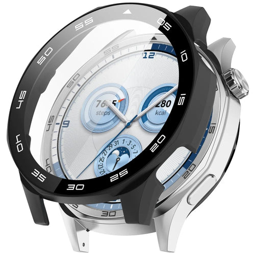 For Huawei Watch GT 5 46mm PC Cover Watch Frame Case with Tempered Glass Screen Film (Bezel Markings Version) - Black - 1