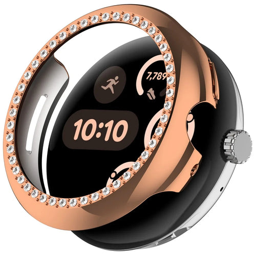 Hollow-Out Cover For Google Pixel Watch 3 41mm / Watch 2 / Watch , Rhinestone Decor PC Watch Frame Case - Electroplating Rose Gold - 1