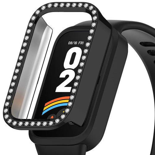 For Xiaomi Smart Band 9 Active / Redmi Band 3 Hollow-Out Cover Rhinestone Decor PC Watch Frame Case - Electroplating Black - 1