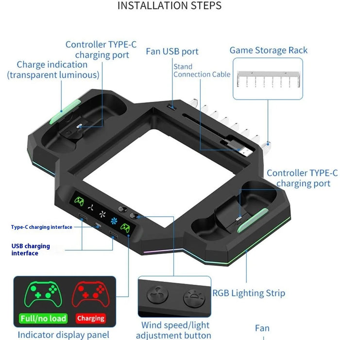 HBX-608 For Xbox Series X Cooling Fan Stand Dual Controller Charging RGB Light Base - 3