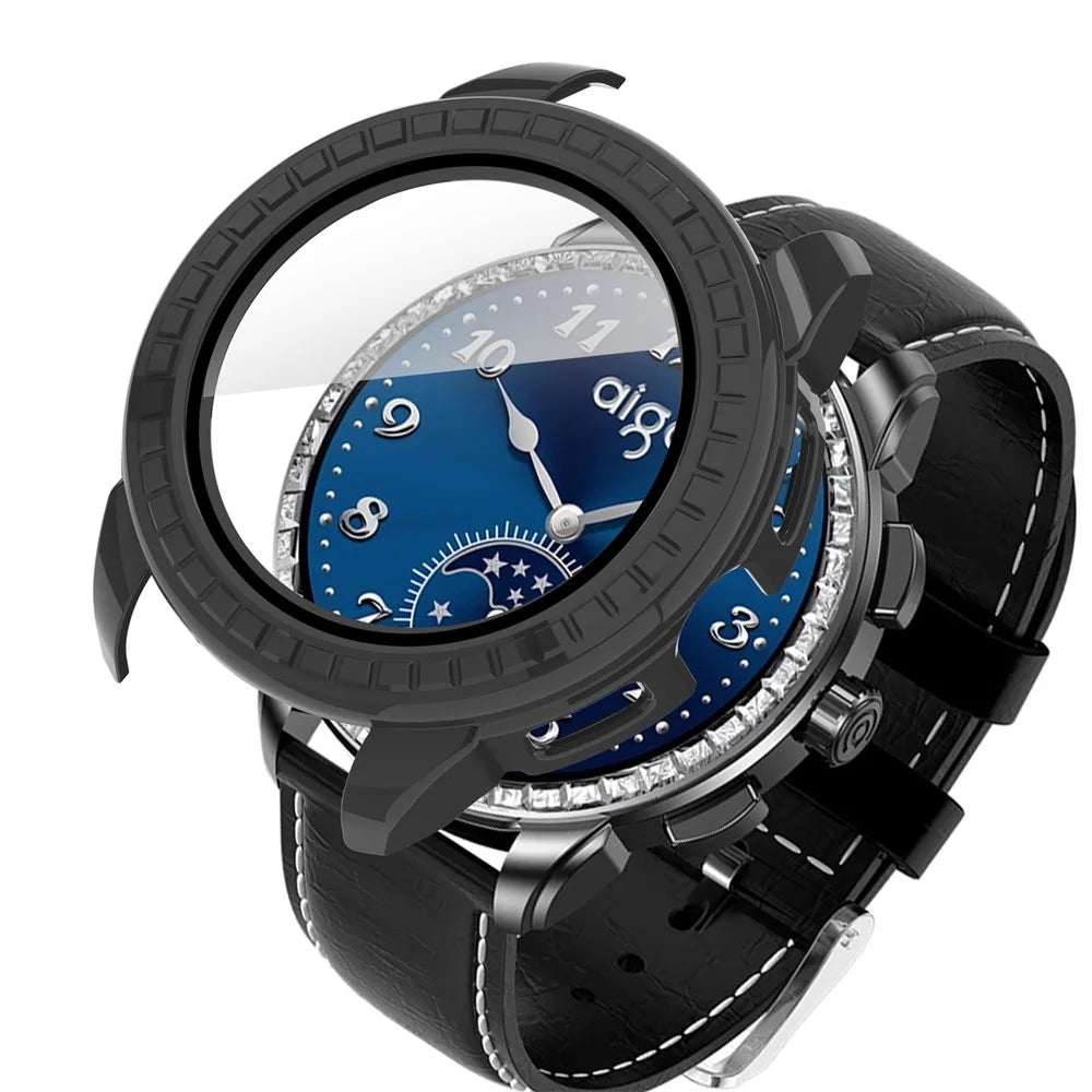 For Aigo M8 Watch Case PC Frame Cover with Tempered Glass Screen Film - Black - 3