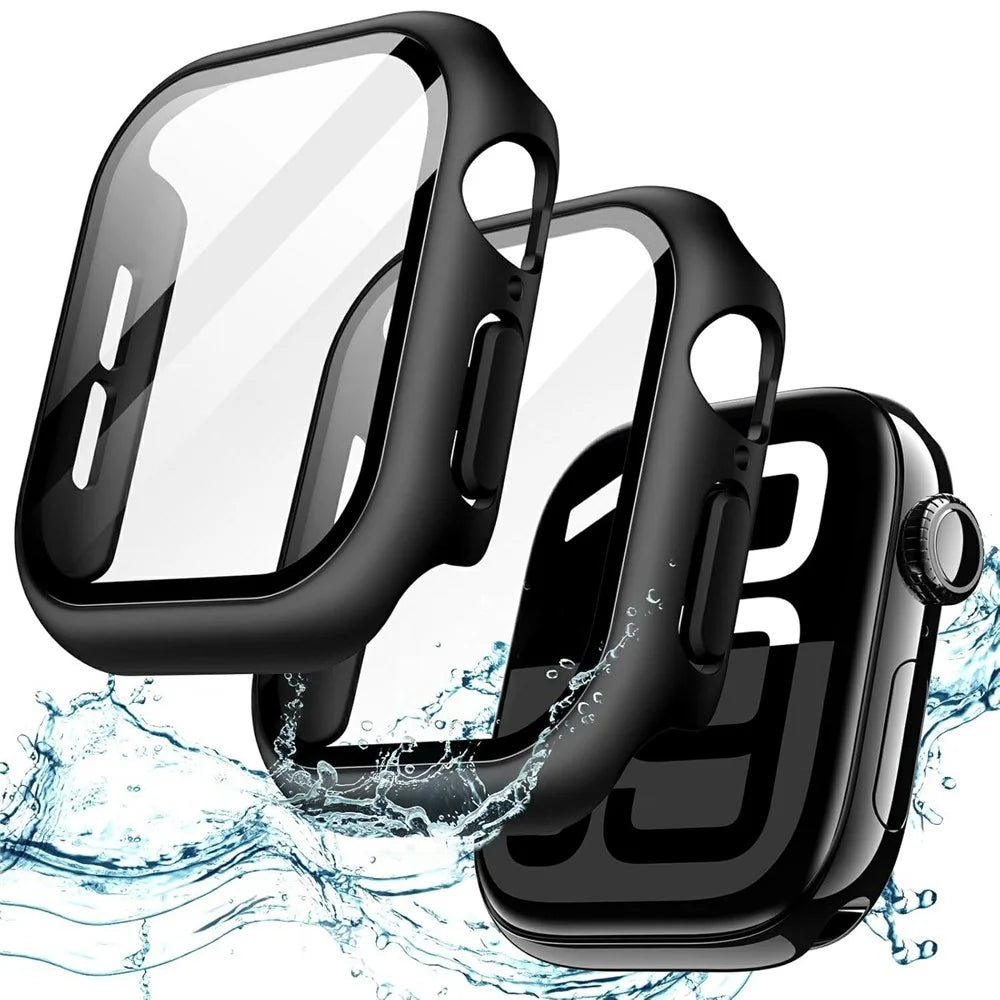 For Apple Watch Series 11 / 10 42mm Watch Case IP68 Waterproof Hard PC Cover with Tempered Glass Film - Black - 1