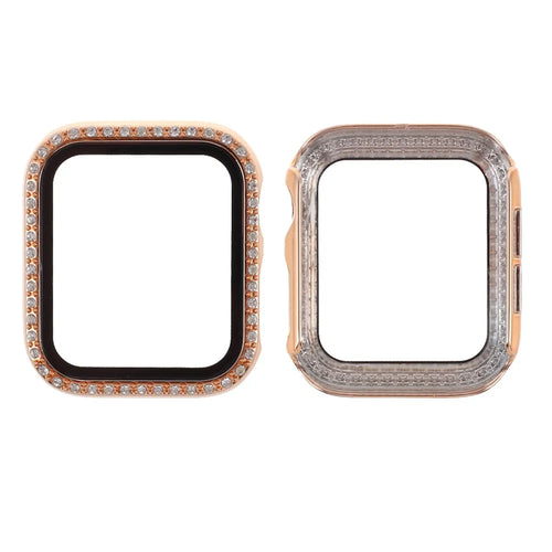 Electroplating Rhinestones Decor PC Frame Tempered Glass Protector Cover for Apple Watch Series 4/5/6/SE 40mm - Rose Gold - 1