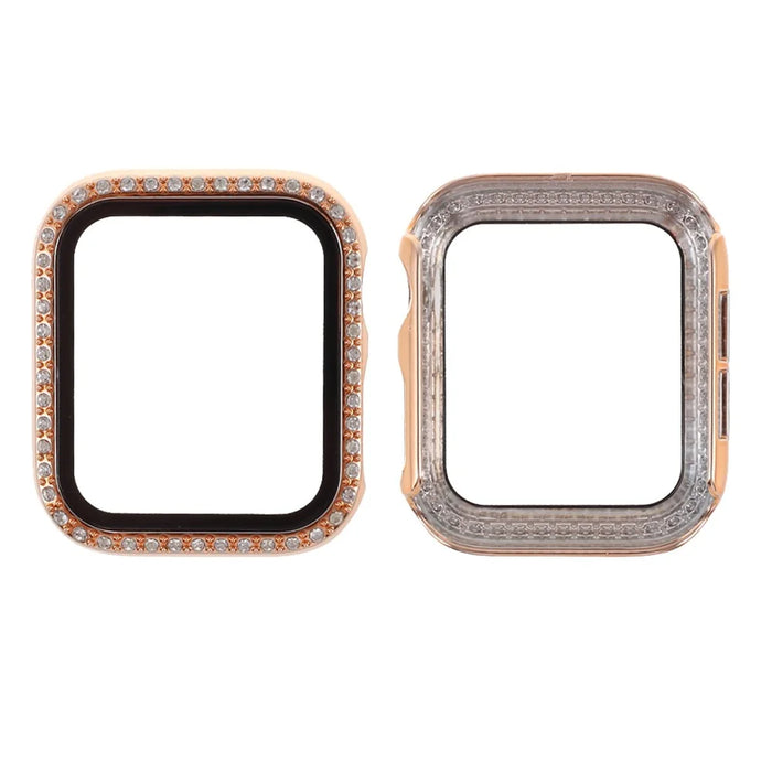 Electroplating Rhinestones Decor PC Frame Tempered Glass Protector Cover for Apple Watch Series 4/5/6/SE 40mm - Rose Gold - 1