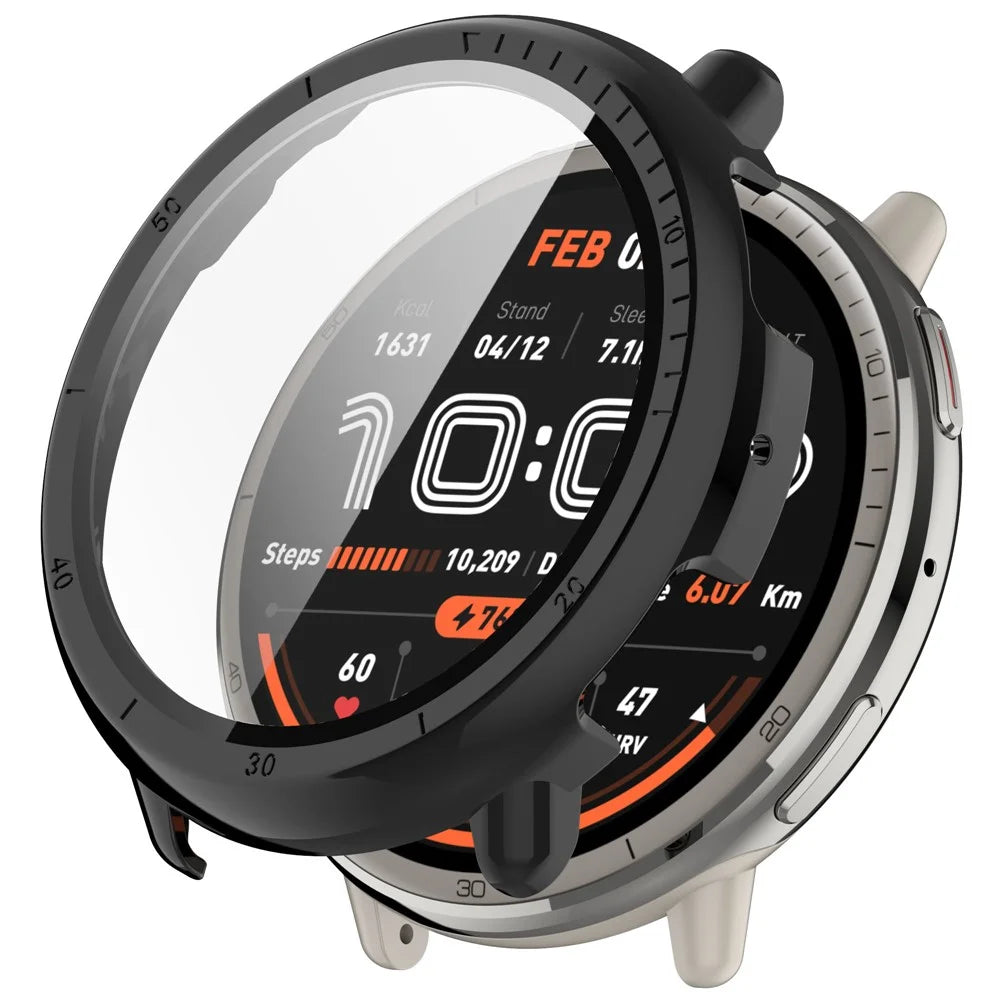 For Huami Amazfit Active 2 Watch Case PC Frame Cover with Tempered Glass Screen Film - Black - 1