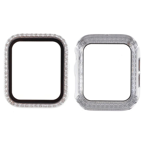 Electroplating Rhinestones Decor PC Frame Tempered Glass Protector Cover for Apple Watch Series 4 / 5 / 6 / SE / SE (2022) 44m - White - 1