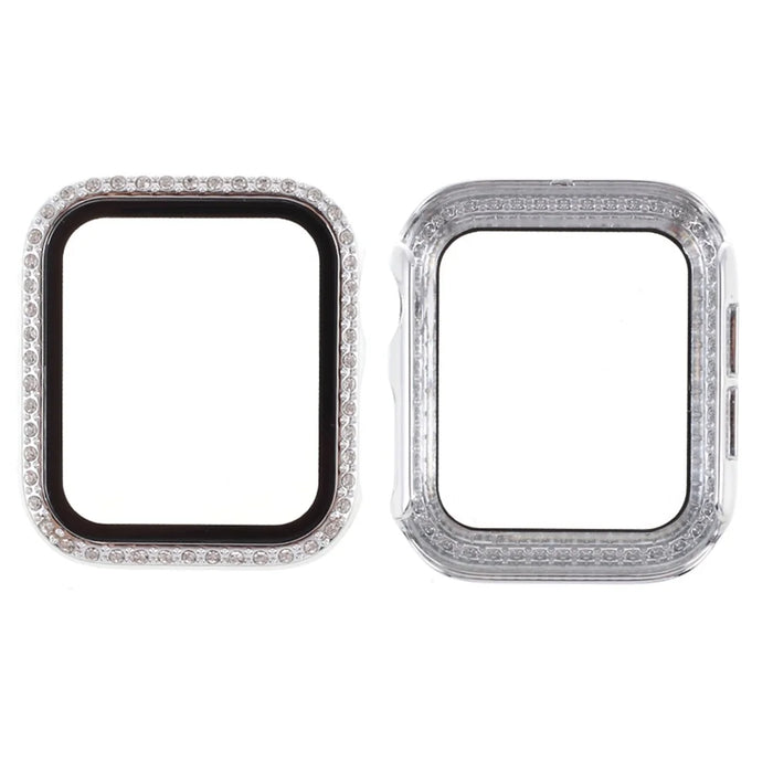Electroplating Rhinestones Decor PC Frame Tempered Glass Protector Cover for Apple Watch Series 4 / 5 / 6 / SE / SE (2022) 44m - White - 1