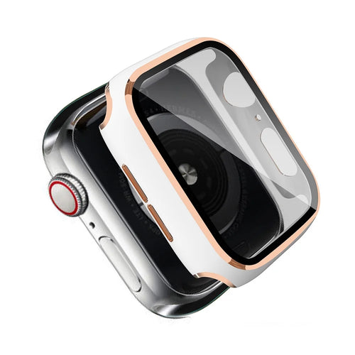 One-Piece Plated PC Frame + Tempered Glass Watch Protection Case for Apple Watch Series SE3 / SE2 / SE1 /  6 / 5 / 4 40mm - White / Champagne - 1
