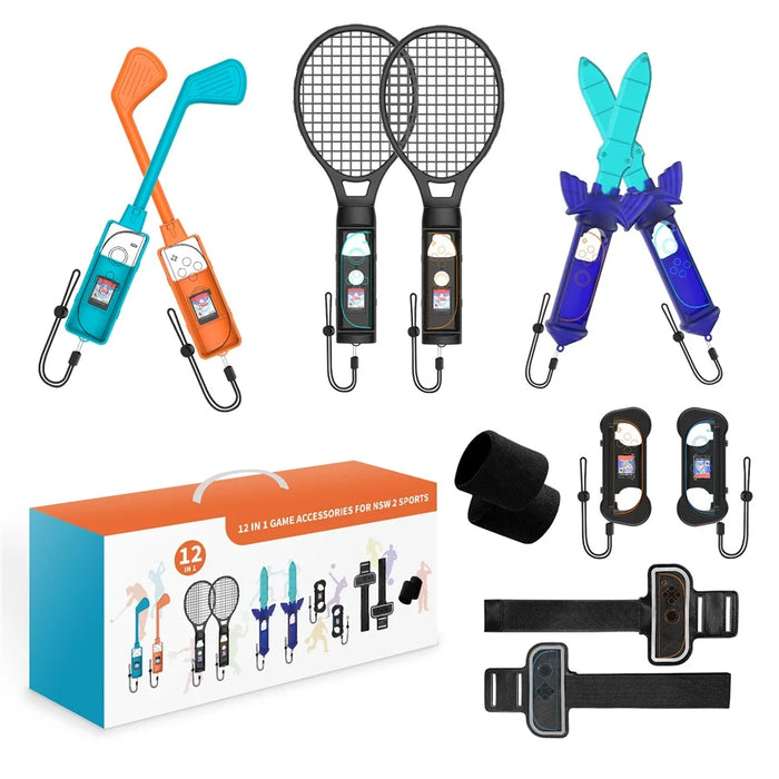 JYS-NS2277 For Nintendo Switch 2 Sports Game Accessories 12 In 1 Tennis Racket Golf Club Leg Strap Sword Set - 1