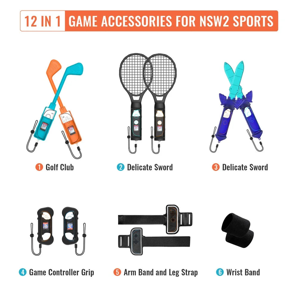 JYS-NS2277 For Nintendo Switch 2 Sports Game Accessories 12 In 1 Tennis Racket Golf Club Leg Strap Sword Set - 6