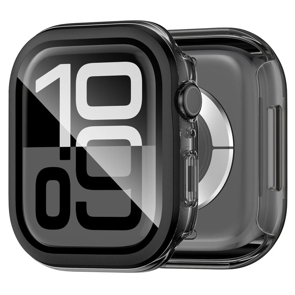 For Apple Watch Series 11 / 10 42mm Hard PC IML Watch Case with Tempered Glass Screen Film - Transparent Black - 1
