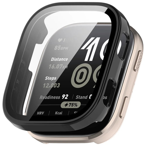 For Huami Amazfit Bip 6 (A2435) Watch Case PC Frame Cover with Tempered Glass Screen Film - Glossy Black - 1