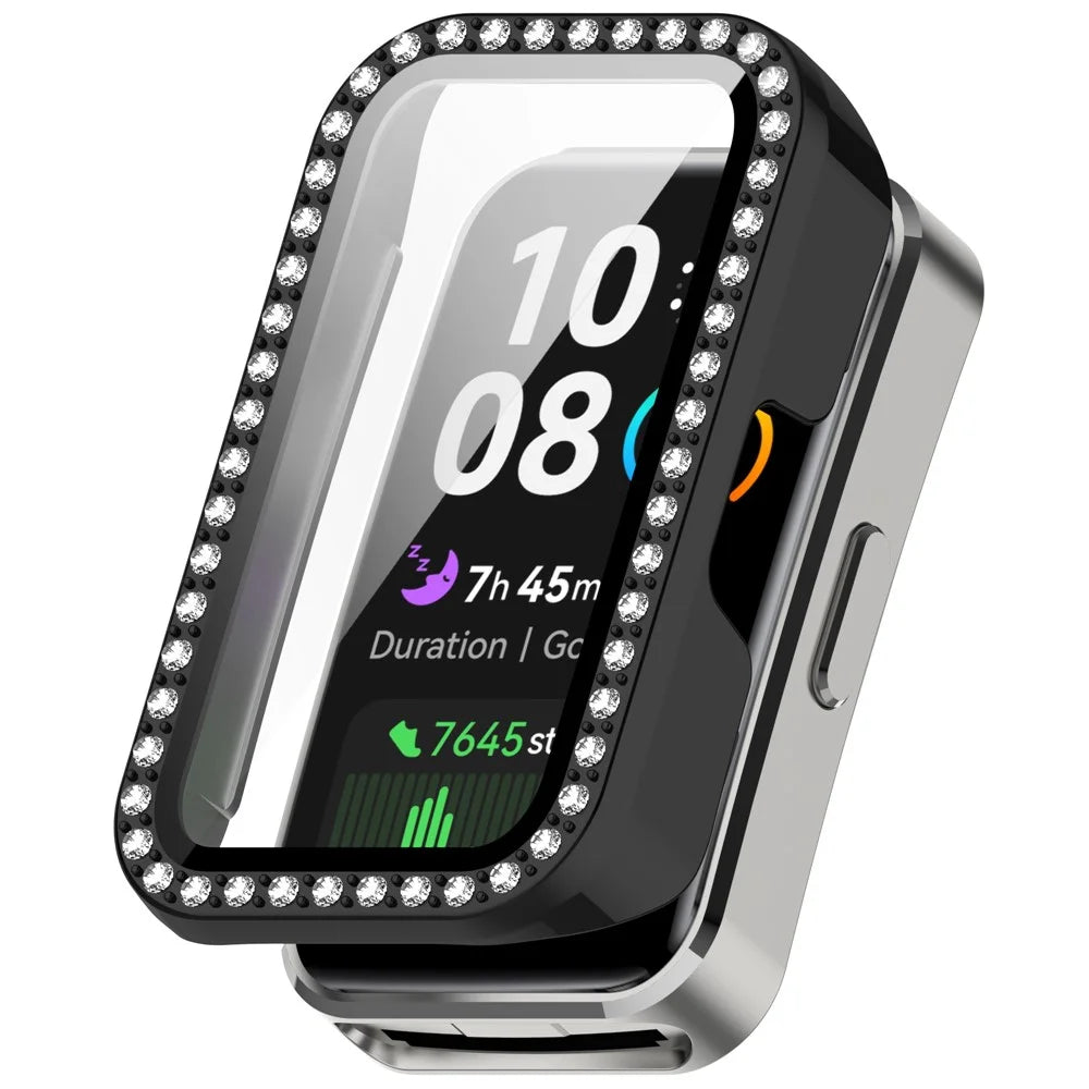 For Huawei Band 10  /  9  /  8 Case Rhinestone Decor PC + Tempered Glass Film Protective Watch Cover - Black - 1