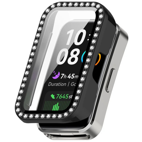 For Huawei Band 10  /  9  /  8 Case Rhinestone Decor PC + Tempered Glass Film Protective Watch Cover - Black - 1