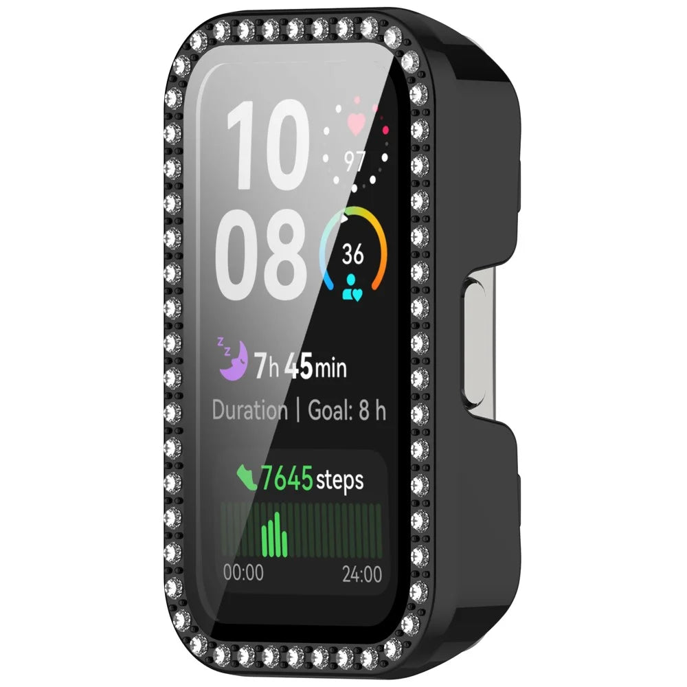 For Huawei Band 10  /  9  /  8 Case Rhinestone Decor PC + Tempered Glass Film Protective Watch Cover - Black - 2