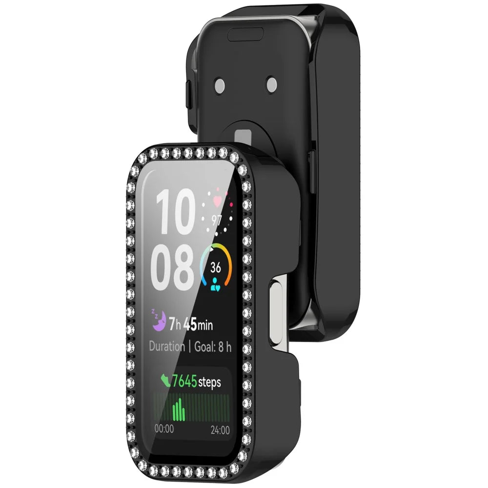 For Huawei Band 10  /  9  /  8 Case Rhinestone Decor PC + Tempered Glass Film Protective Watch Cover - Black - 3