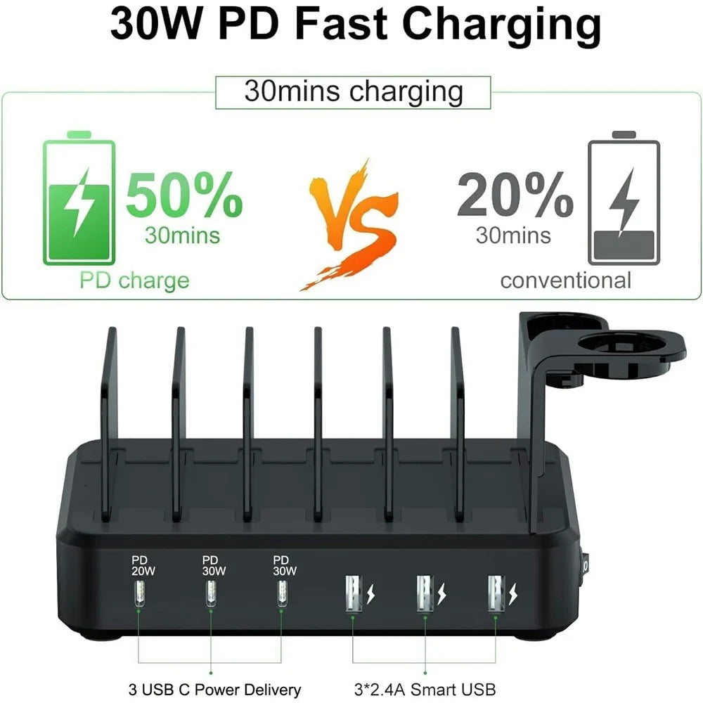 018-3PD-2 6 Ports USB Charging Station 110W PD QC 3.0 Smart Charging Dock for iPhone  /  iPad  /  iWatch  /  AirPods - Black / EU Plug - 3