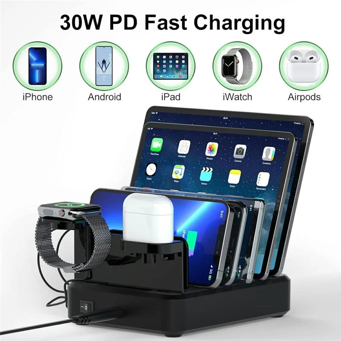 018-3PD-2 6 Ports USB Charging Station 110W PD QC 3.0 Smart Charging Dock for iPhone  /  iPad  /  iWatch  /  AirPods - Black / EU Plug - 4