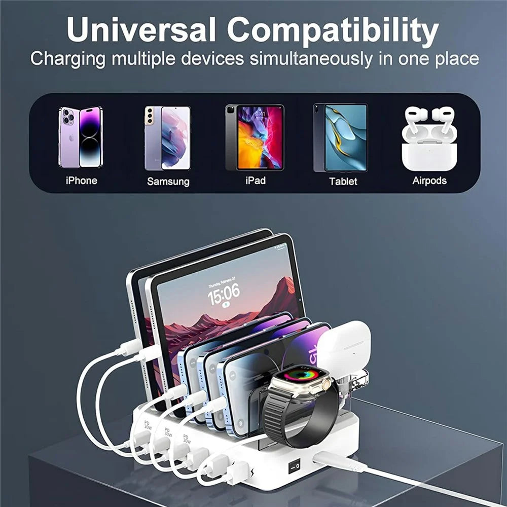 018-3PD-2 6 Ports USB Charging Station 110W PD QC 3.0 Smart Charging Dock for iPhone  /  iPad  /  iWatch  /  AirPods - Black / EU Plug - 7