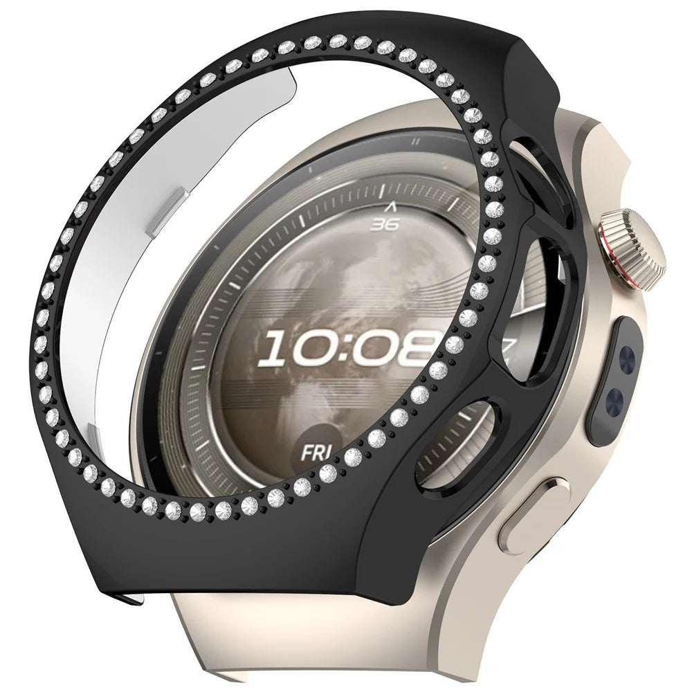 For Huawei Watch 5 42mm Watch Case Rhinestone Decor Hollow Electroplating PC Watch Cover - Black - 1