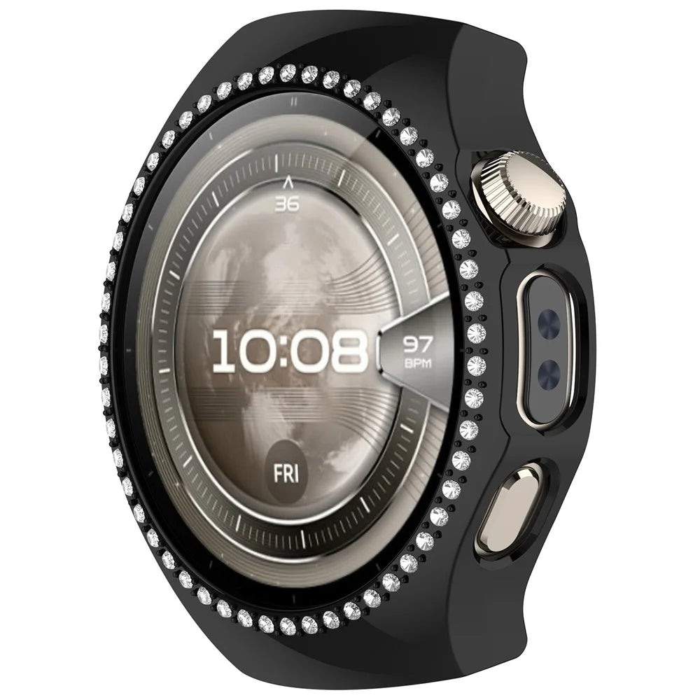 For Huawei Watch 5 42mm Watch Case Rhinestone Decor Hollow Electroplating PC Watch Cover - Black - 2