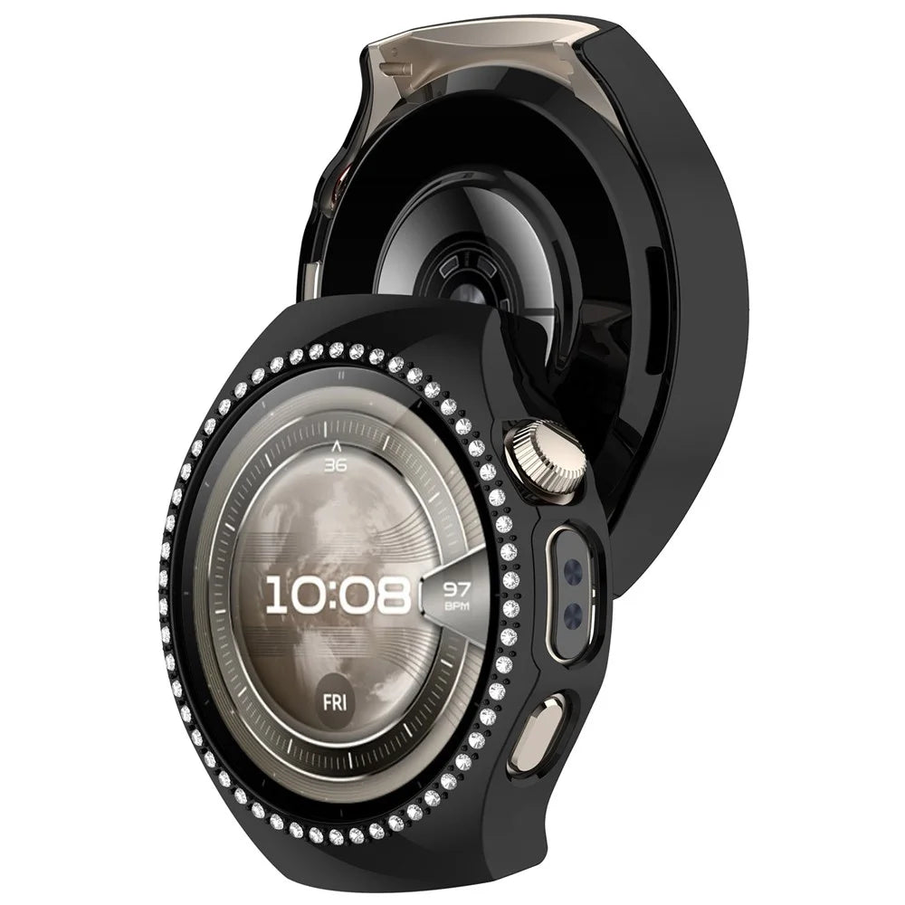 For Huawei Watch 5 42mm Watch Case Rhinestone Decor Hollow Electroplating PC Watch Cover - Black - 3