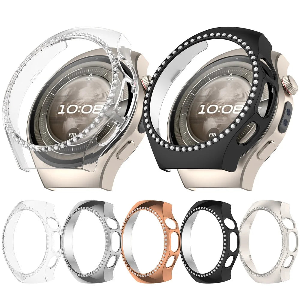 For Huawei Watch 5 42mm Watch Case Rhinestone Decor Hollow Electroplating PC Watch Cover - Black - 7