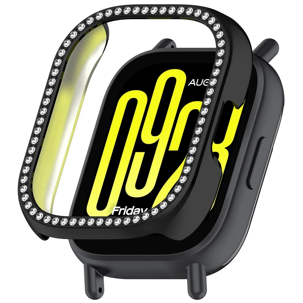 For Xiaomi Redmi Watch 5 Active Watch Case Rhinestone Decor Hollow Electroplating PC Watch Cover - Black - 1